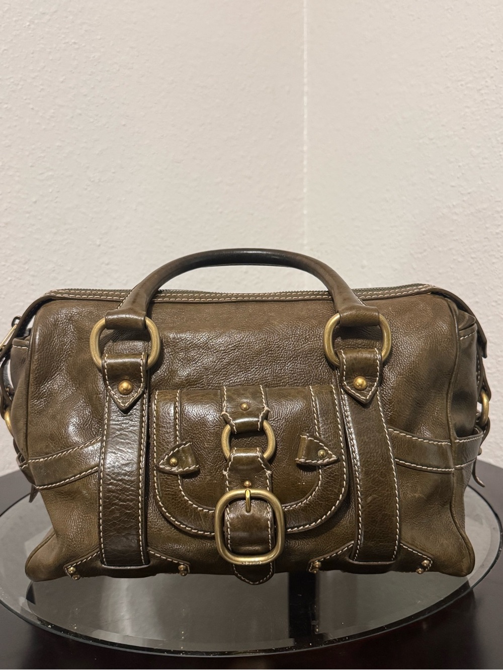 Celine Phelio Olive Green Leather Satchel Handbag with Gold Hardware